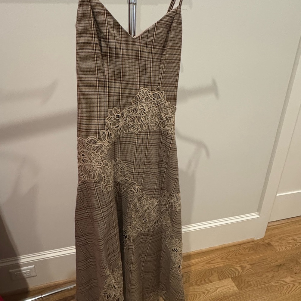 High-Low Plaid Slip Dress with Lace Trim - Brown mare mare size S